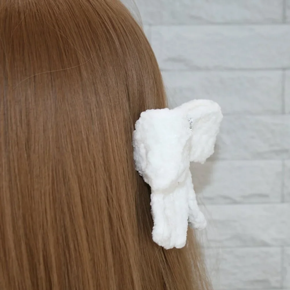 HAND CRAFTED Hair Bow Kids Crochet Chenille Velvet Hair Barrette Oversized White